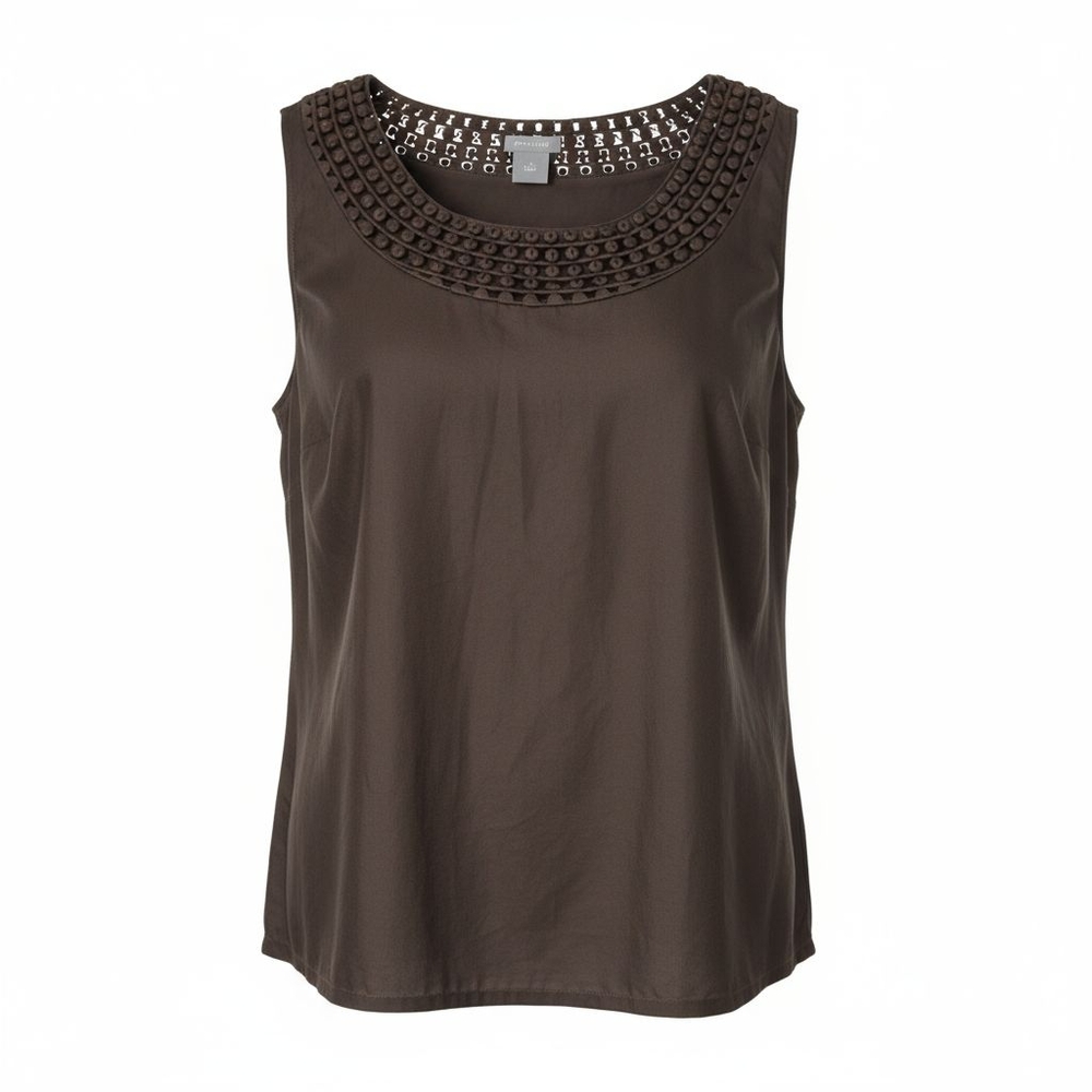 Ann Taylor Womens Brown Sleeveless Blouse Crochet Trim Scoop Neck Size 6